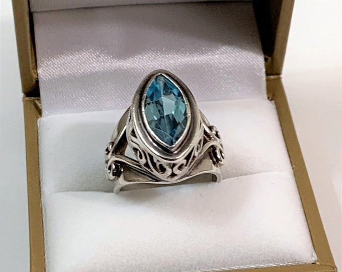 Sterling Silver Blue Topaz Ring, Marquis Cut Natural Gemstone 16 X 8 mm - 6.10 Carats, Large Ring. Open and 3D Scroll Sides, Size 7, Vintage