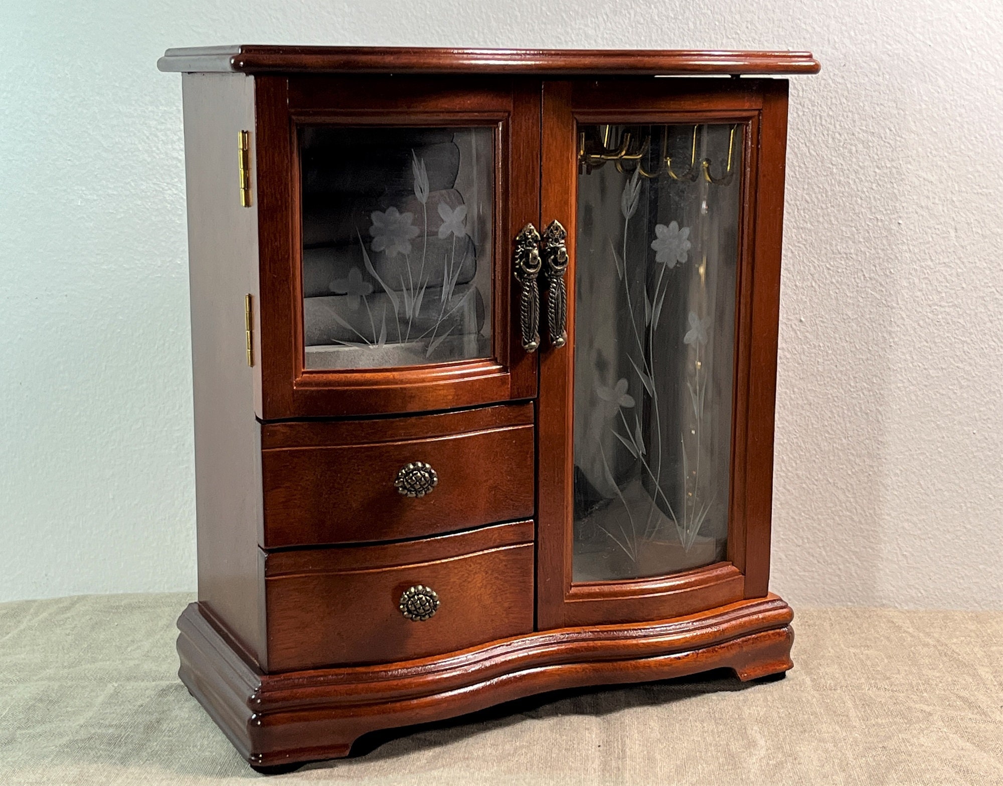 Vintage Solid Wood Jewelry Armoire, 2 Hinged Floral Glass Doors