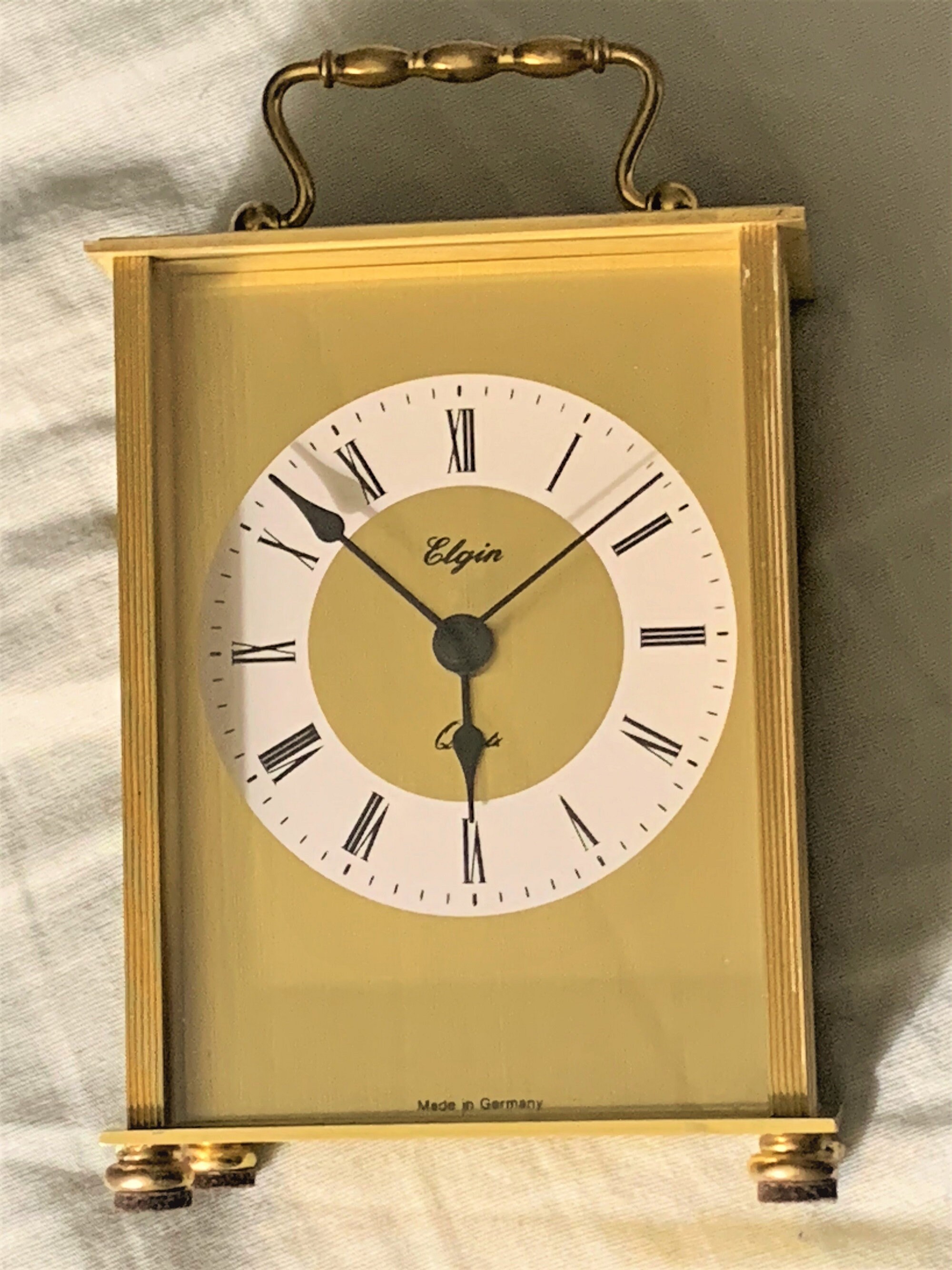 Elgin Germany Brass Carriage Mantle Clock, Brushed and High Polished