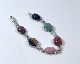 Vintage Sterling Silver Egyptian Scarab Bracelet. 6 Carved Gemstones Scarabs 14X10mm, 16 Grams, 7" L. Lobster Clasp, Free US Shipping.
