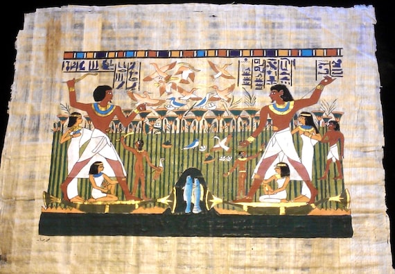 古代エジプトの家族生活を描いた手描きのヴィンテージパピルス（17 x