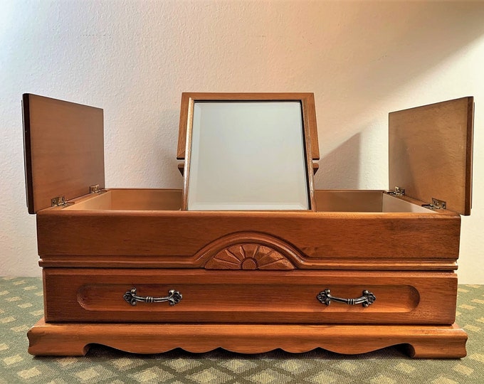 Vintage Fine Woods Jewelry Chest, Amazingly Crafted, Carved Wood & Veneers, Mirror, Ring Sections, LG Drawer, 14" W. 7" L. Free US Shipping