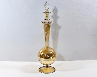 Vintage Egyptian Hand Made Blown Glass Large Perfume Bottle, Etched Patterns, Gold Leaf, 12.5" T. Free US Shipping.