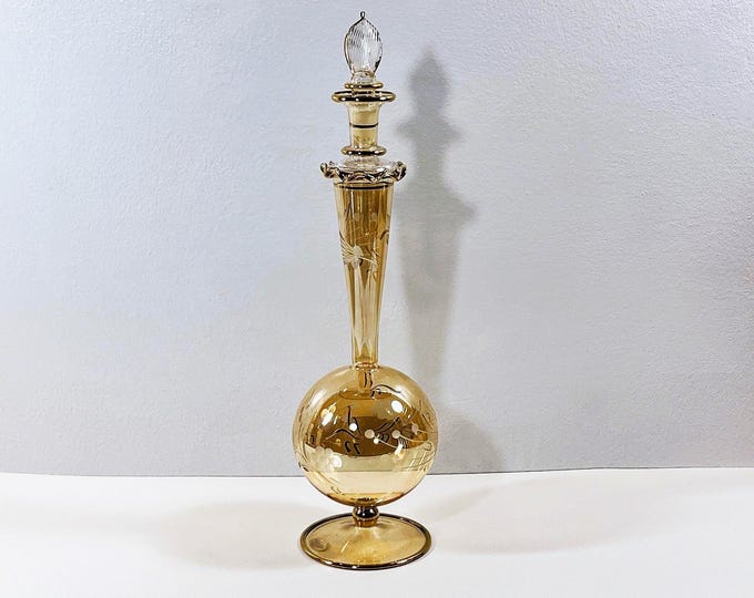 Vintage Egyptian Hand Made Blown Glass Large Perfume Bottle, Etched Patterns, Gold Leaf, 12.5" T. Free US Shipping.