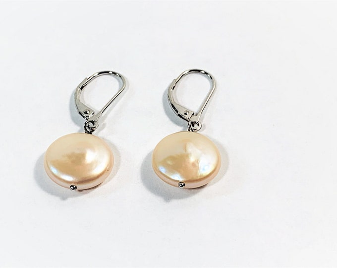 Sterling Silver & Natural Peach Blister Button Pearl Dangle Earrings, 12 mm Pearls, Smooth Surface, Luster, Lever Backs. Free US Shipping