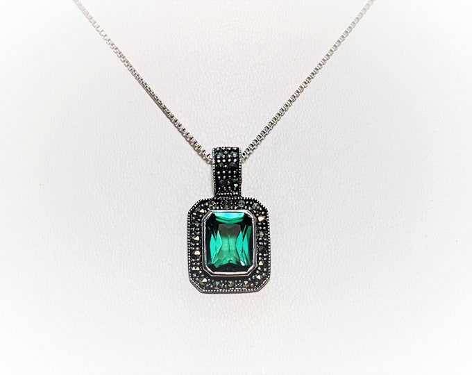 Vintage Sterling Silver Marcasite & Green Quartz Necklace, 1" Slide,  11X9mm Emerald Cut Stone, 18" Box Chain, Refinished, Free US Shipping.