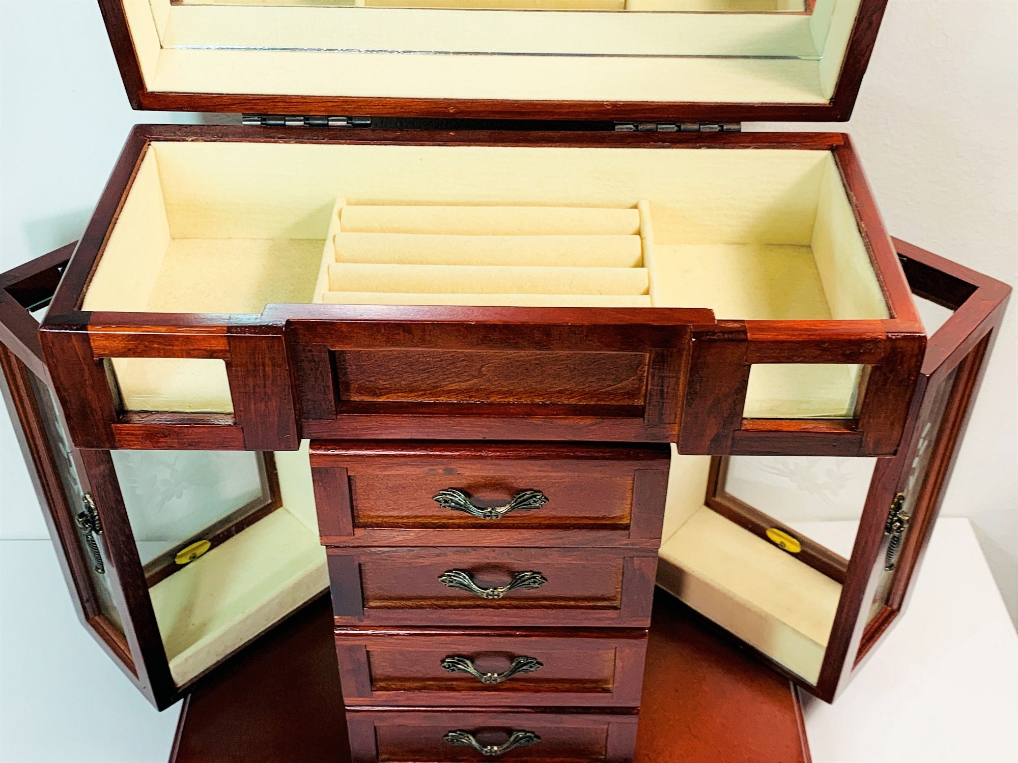 Vintage Large Wood Jewelry Armoire, Hinged Top, Large Mirror, 2 Side