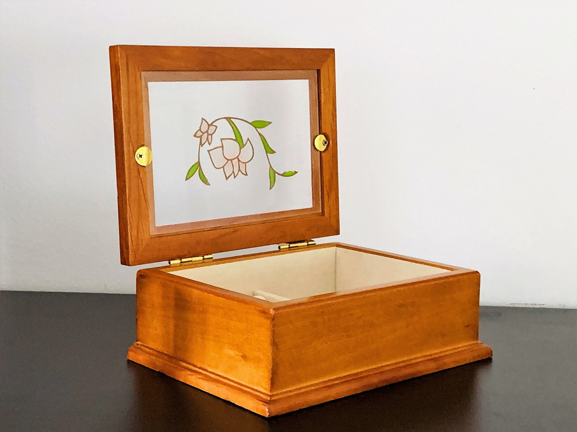 Golden Oak Jewelry Box, Hinged Lid W/ Stained Glass Window, Carved