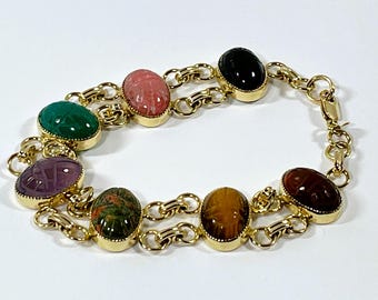 Vintage Carla® 14K Gold Filled Unique Scarab Bracelet. 7 Natural Gemstone Scarabs 14X10mm, 7.5" L. 17.50 Grams, Free US Shipping
