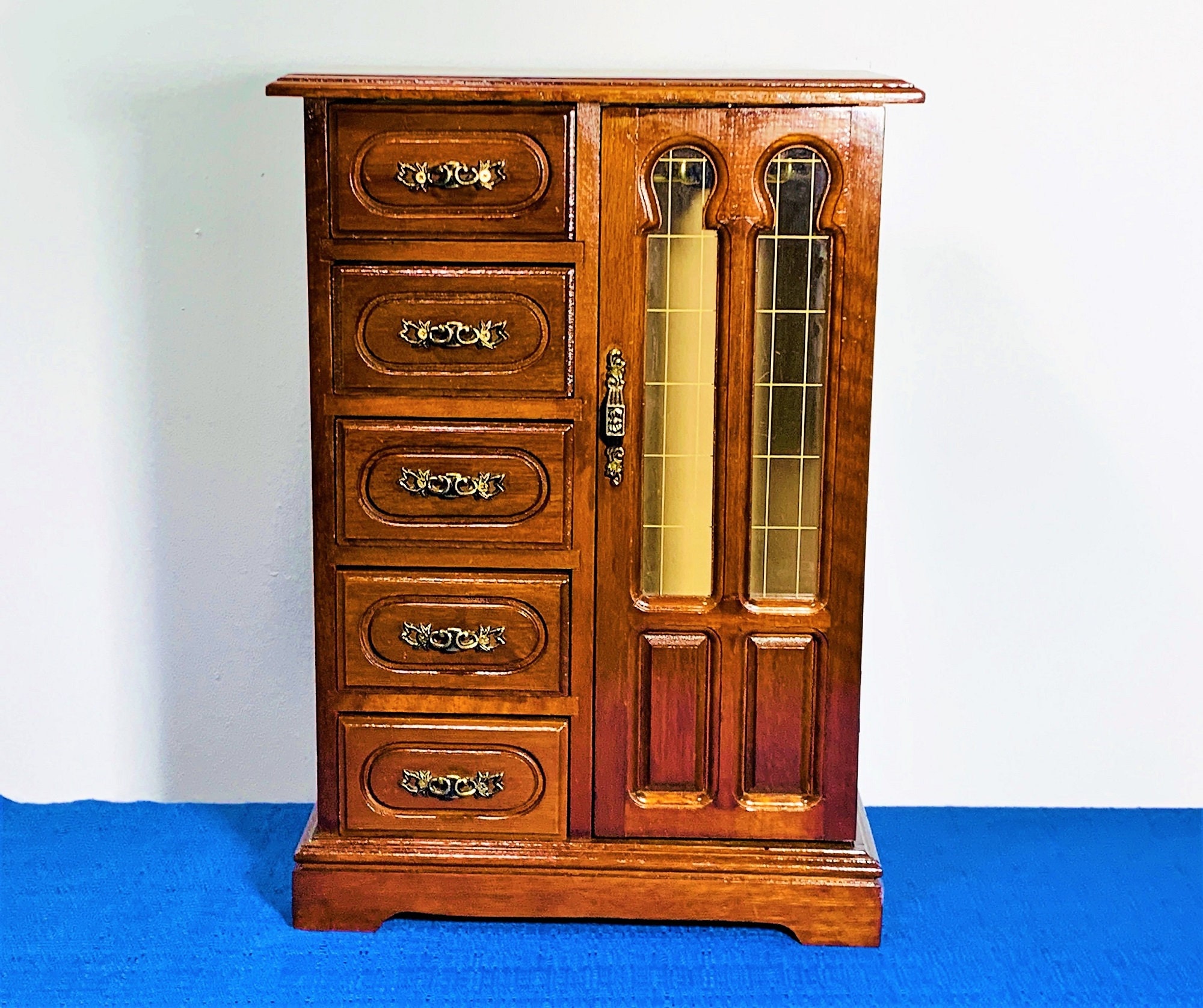 Vintage Solid Wood Jewelry Armoire, Ornate Carved Door W/Rings Tray, 5