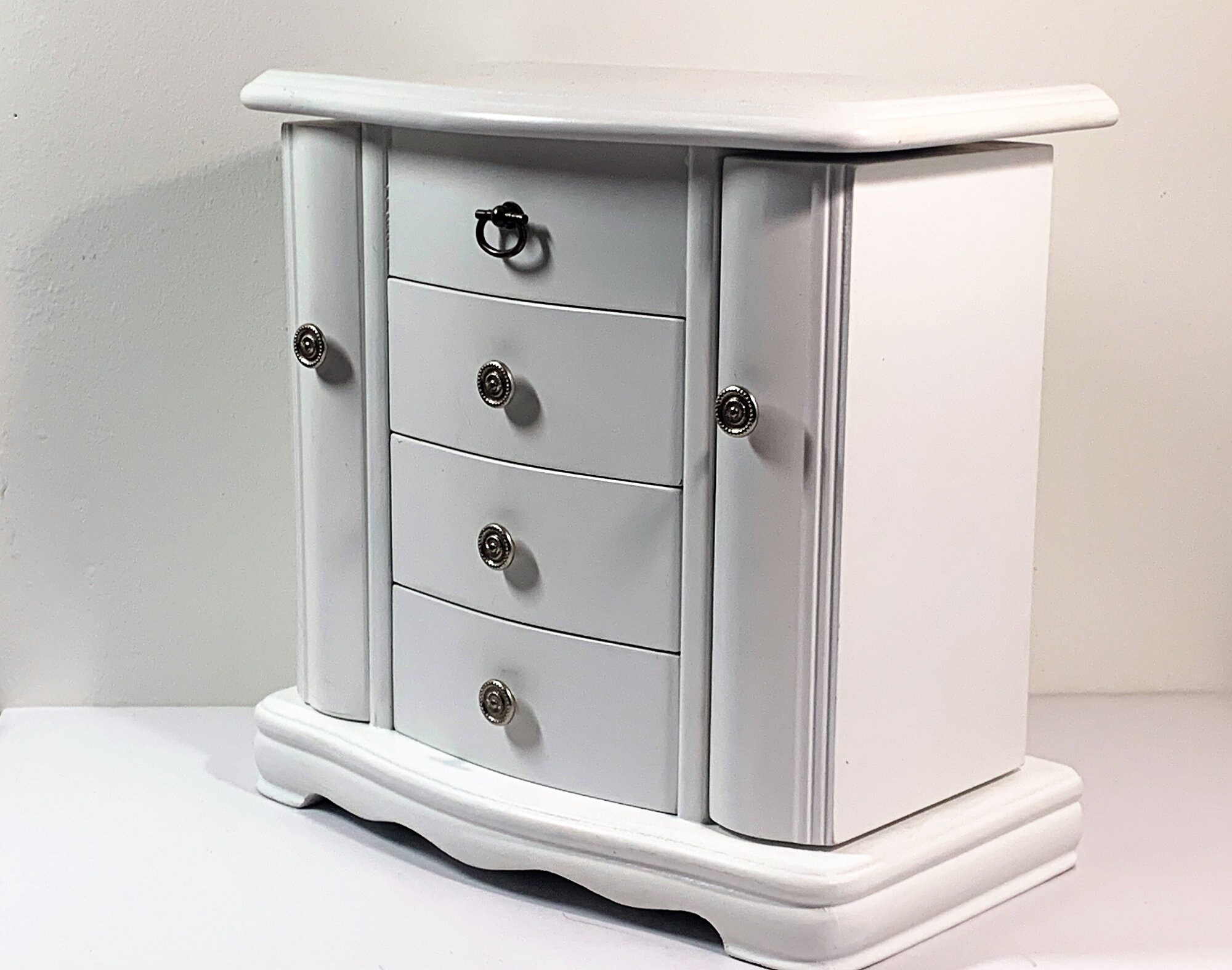 Vintage Hand Made Jewelry Chest Box Organizer, Solid Wood, Side