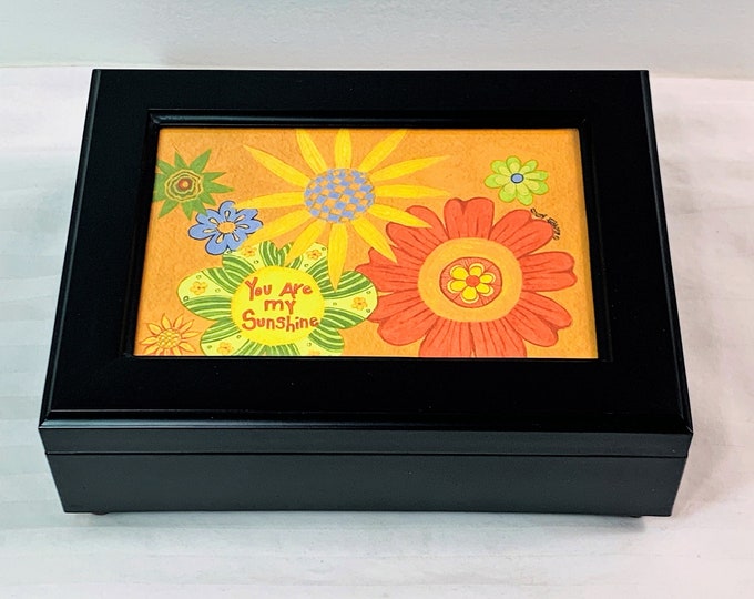 Vintage Sankyo Japan Music Jewelry Memory Box, "You Are My Sunshine", Black Velvet Lining, 8" W. 6" L, Mint Condition. Free US Shipping.