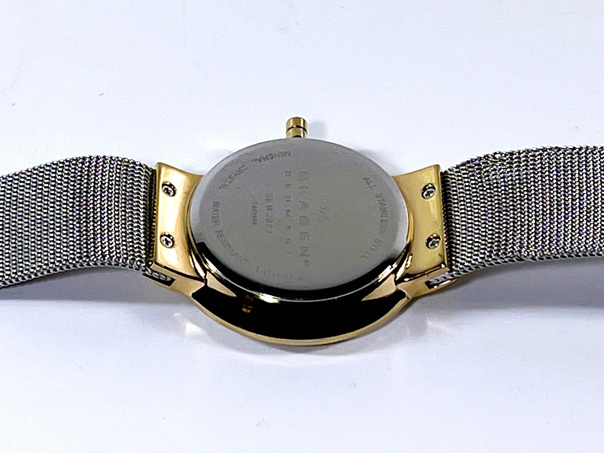 Skagen Leonora SKW2124 Women Gold Tone Crystal Bezel Black Dial Date New Battery Vtg Skagen Leonora™ Women Mesh Band Watch, Faceted Crystal  main image 3