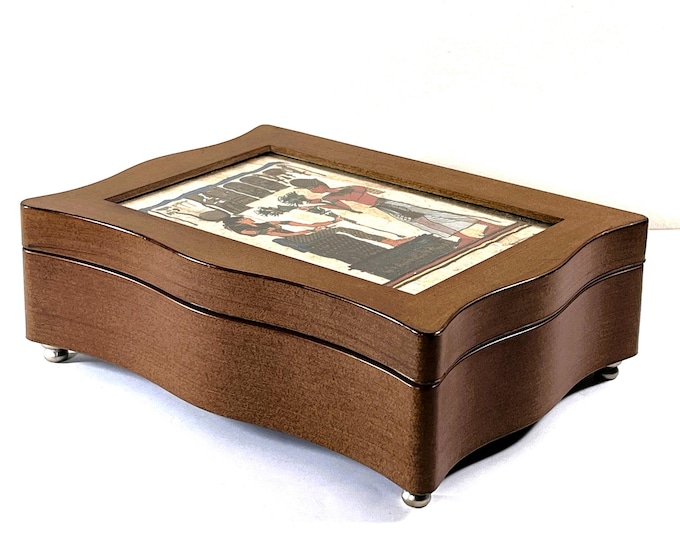 Vintage Artistic Jewelry Box, Glass Window W/ Hand Painted Egyptian Papyrus. Rings Section, Black Lining, 8" W. 6" L.  Free US Shipping.