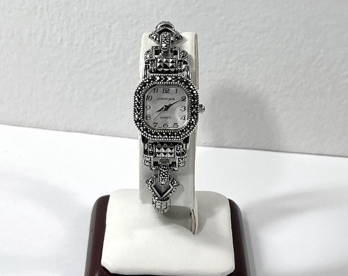 Vintage 1980's Judith Jack™ Sterling Silver Marcasite Watch, Swiss Quartz, MOP Dial, 32.10 Grams, Signed. Full Overhaul. Free US Shipping