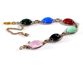 Vintage Gold Filled Scarab Bracelet, 6 Gemstone Scarabs 16X12mm, Chalcedony, Chrysoprase, Onyx Etc,  Safety Chain. 7.5" L. Free US Shipping