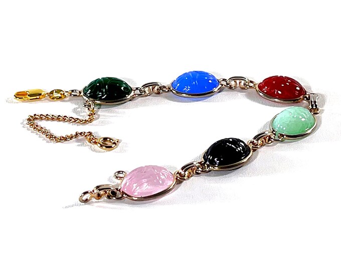Vintage Gold Filled Scarab Bracelet, 6 Gemstone Scarabs 16X12mm, Chalcedony, Chrysoprase, Onyx Etc,  Safety Chain. 7.5" L. Free US Shipping