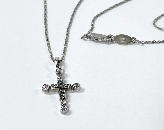 Vintage Judith Jack™ Sterling Silver Marcasite & White Topaz Cross Necklace, 1" Cross, 19" Chain, Signed. Free US Shipping.
