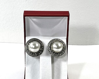 Vintage Judith Jack™ Sterling Silver Marcasite & Domed Pearl Shell Large Earrings, 1.25" - 30mm Round, Omega Backs. Free US Shipping.