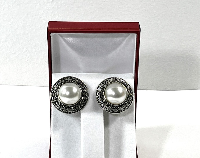 Vintage Judith Jack™ Sterling Silver Marcasite & Domed Pearl Shell Large Earrings, 1.25" - 30mm Round, Omega Backs. Free US Shipping.