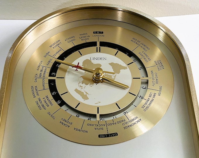 Vintage Linden® World Time Clock, Brass & Brass Finish, Takane Japan Quartz, 8.5" T. 8.5" W. Serviced. Works Perfect. Free US Shipping
