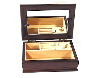 Vintage Carved Wood Musical Jewelry Box, Plays: 'Memory', Mirror, Picture Frame, Rings Section, 8" W. 6" L. Restored. Free US Shipping.
