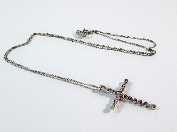 10K White Gold Pink Sapphire & Diamond Cross Neck… - image 5