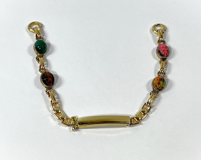 Vintage 1950's Russel® USA. 10K Gold Filled Scarabs Watch Band. 4 Carved Natural Gemstone 8X6mm. Loop Ends, Fold Clasp. Free US Shipping
