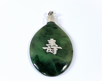 Vintage Estate Large Taiwan Green Jade Pendant, 3"- 75mm Long, 1.6" - 40mm W. 26.20 Grams. Silver Cup & Bail. Top Grade, Free US Shipping.