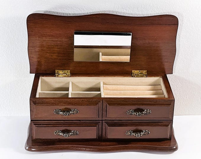 VTG Carved Mahogany Wood Jewelry Box, Hinged Top W/ Mirror, Padded Sections, Ring Slots, Drawer, 10.5" W. 5" L, Restored. Free US Shipping