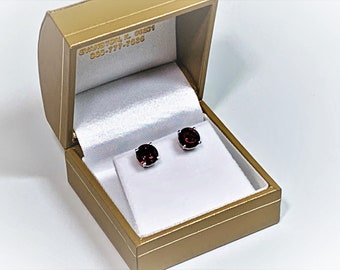 14K White Gold Raspberry Garnet Studs: 3.61 Carat Round Gems