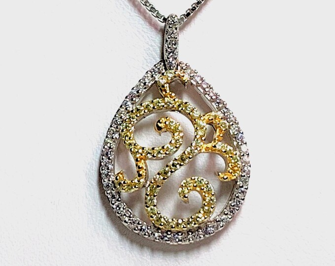 Sterling Silver Glamorous Necklace, Two Tone Slide, Brilliant CZ, 1 1/4" L- 5/8" W, 18" Box Chain, Rhodium. Free US Shipping