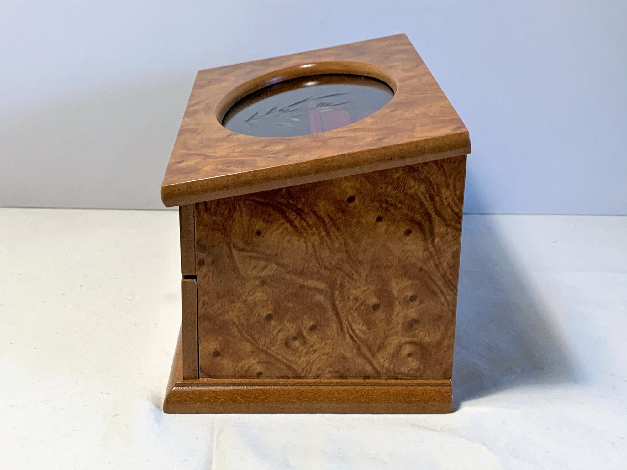 Vintage Musical Jewelry Box, Sankyo Music Box, Etched Glass Window, Padded Sections and Drawer