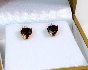 14K Solid Yellow Gold Red Garnet Heart Shape Stud Earrings, 6mm Garnets, Large 14K Backs. Clear Brilliant CZ Accents. Free US Shipping.