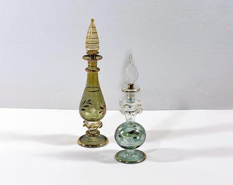 Vintage Set of Two Egyptian Hand Made - Blown Glass Perfume Bottles, Etched Patterns, Gold Leaf Accents, 5.5" & 7" T. Free US Shipping.