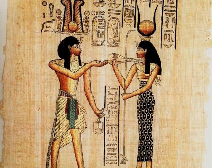 Vintage Authentic Hand Painted Egyptian Papyrus, Goddess Isis and King Ramses II, 14 x 10 inch, Gold and Black. Free US Shipping.