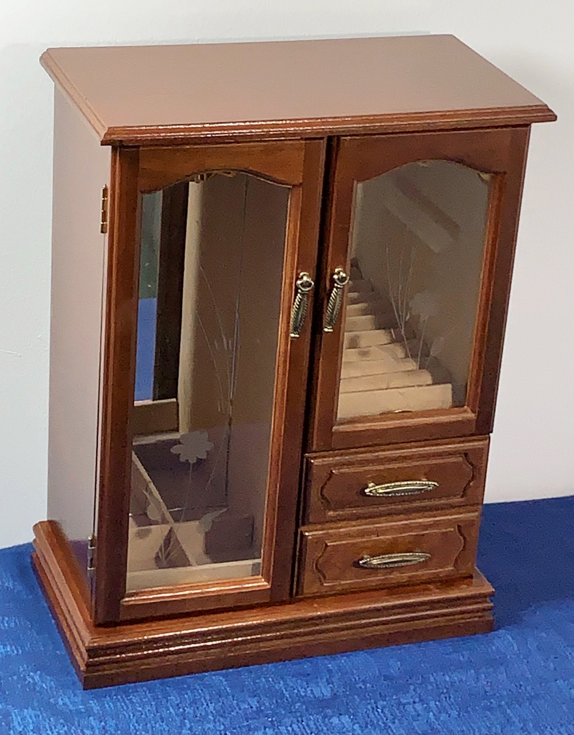 Vintage Large Solid Wood Jewelry Armoire Chest, 2 Doors W/ Etched Glass
