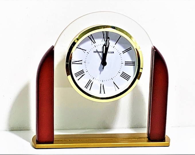 Howard Miller Brass & Mahogany Wood Alarm Clock, Floating Dial in Tempered Glass, 7" W. 6.5" T. Box - Warranty, 645-602, Free US Shipping.