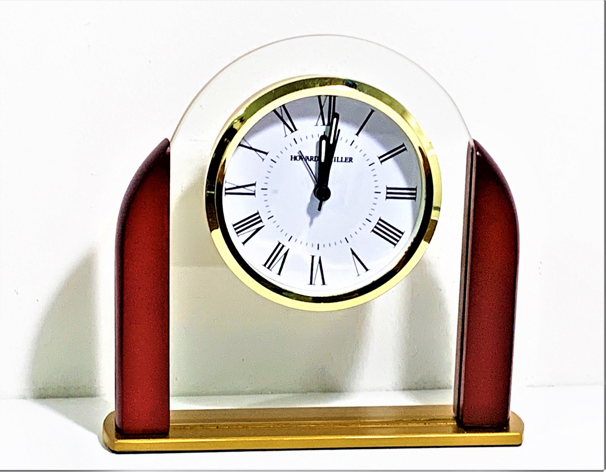 Howard Miller Brass & Mahogany Wood Alarm Clock, Floating Dial in