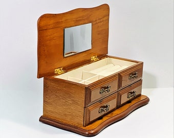 Vintage Golden Oak Jewelry Box, Hinged Top W/ Mirror, Padded Sections, Ring Slots, Drawer, 10.25" W. 5" L. 4" H, Restored. Free US Shipping