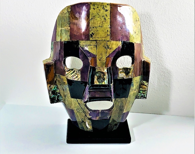 Mayan Aztec Inca Gemstone Burial Death Face Mask on Stand, Jade - Abalone - Onyx - Obsidian Etc. 9" T. 7" W. Guatemala. Free US Shipping.