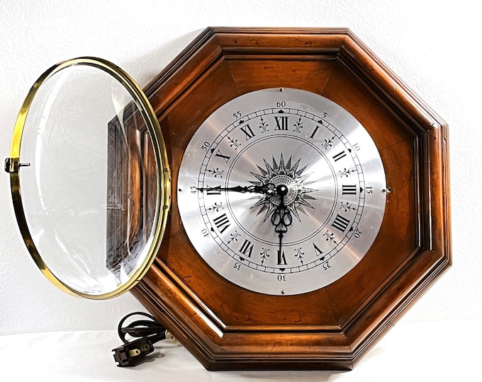 Vintage Rare Lanshire™ West Germany Electric Wall Clock, Serviced & Works Perfect, 14" Octagon Carved Wood, 9" Dial W/Door. Free US Shipping