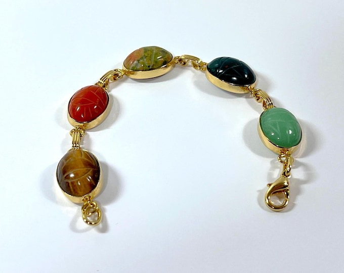 Vintage Carved Natural Gemstones Scarab Bracelet, 5 Large Scarabs 18X13mm, 18K RGP. Jade, Coral, Tiger's Eye, Unakite Etc. Free US Shipping.