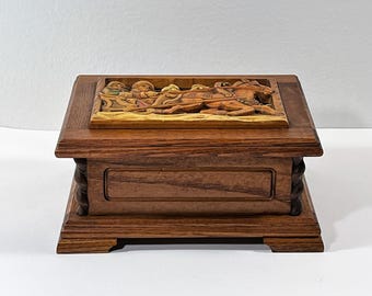 Antique Reuge® Switzerland Carved Wood Music Box. Tune: "Dr. Zhivago". 3D Horse Sleigh Top. 6.5" W. 5.25" L. Restored, Free US Shipping