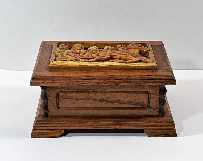 Antique Reuge® Switzerland Carved Wood Music Box. Tune: "Dr. Zhivago". 3D Horse Sleigh Top. 6.5" W. 5.25" L. Restored, Free US Shipping