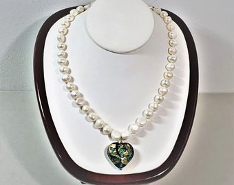 Keshi Natural White Pearls Necklace, 44 Count 9-11.5 mm Pearls, Venetian Glass Heart Drop, Sterling Toggle Clasp, 18" Long. Free US Shipping