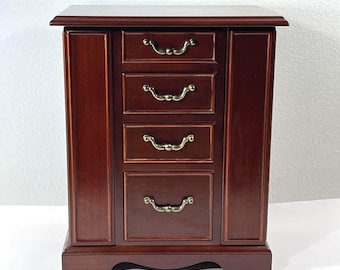 Vintage 1997 Bombay® Red Mahogany Jewelry Armoire, 2 Side Boxed Doors W/ Hangers, 3 Drawers, Ring Drawer, 11.5" T. 9.5" W. Free US Shipping.