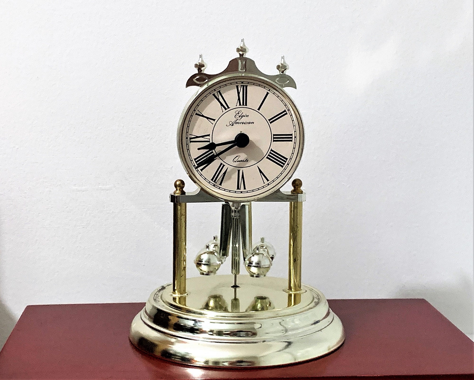Elgin American Anniversary Clock, Glass Dome, Rotating Pendulum, Triple