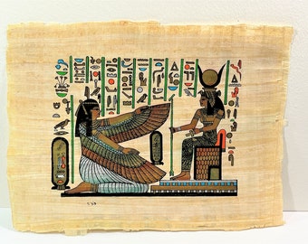Vintage Egyptian Hand Painted Papyrus Depicting Goddess Isis and Goddess Maat, 12.5 x 10 inch, 32 x 25 cm. From The Tomb of Nefertari Walls.