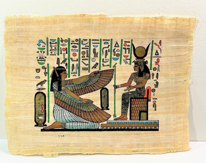 Vintage Egyptian Hand Painted Papyrus Depicting Goddess Isis and Goddess Maat, 12.5 x 10 inch, 32 x 25 cm. From The Tomb of Nefertari Walls.